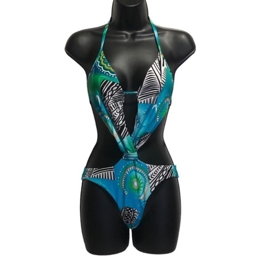 Envya One Piece Cinched Waist Teal-Multi Swimsuit
